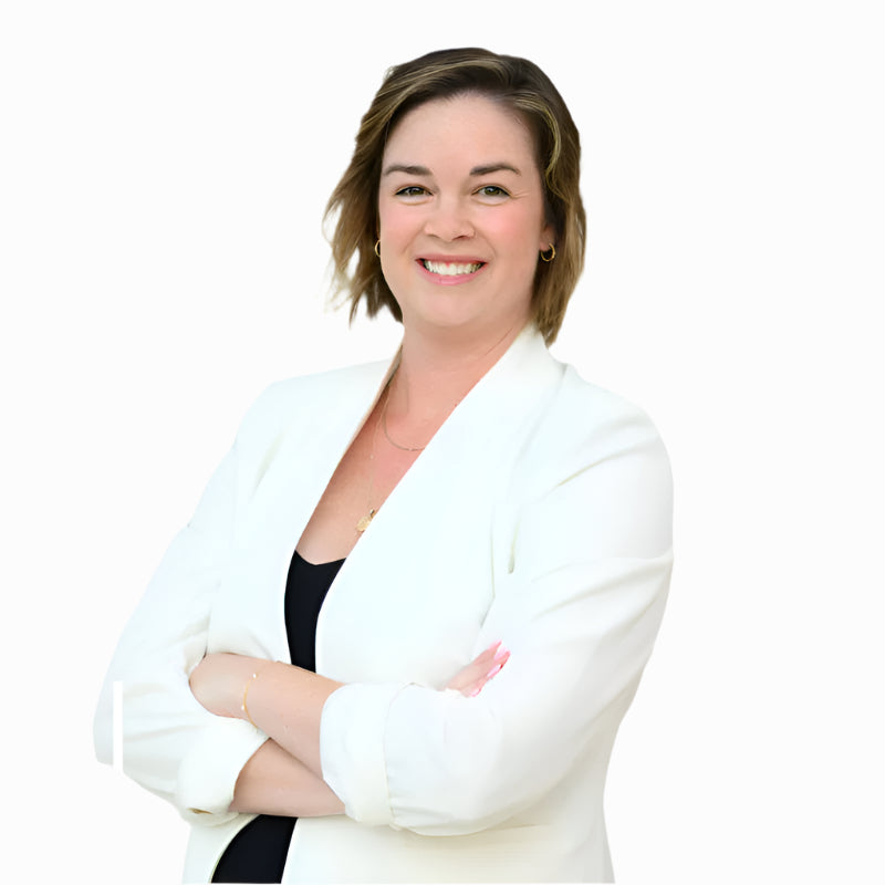 Brooke Robie wearing a white blazer on a white background